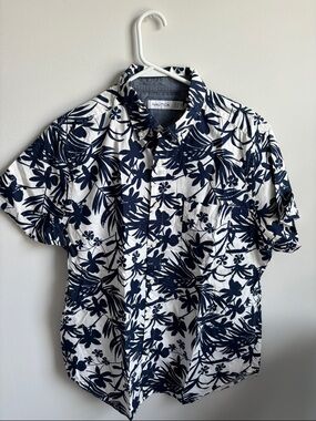 Nautica White Shirt with Navy Tropical Print - Short Sleeve Button-Up